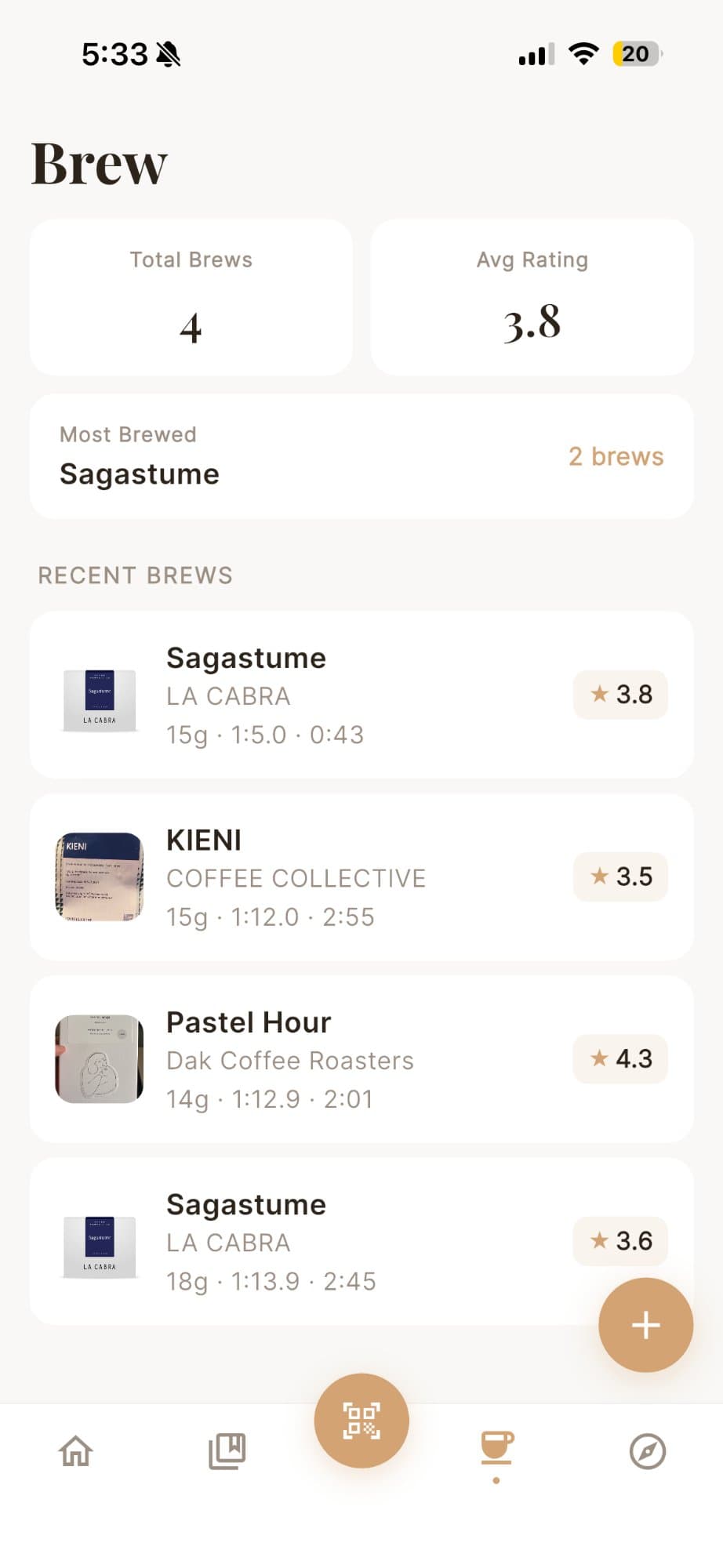 Brew journal showing logged coffees and brew details