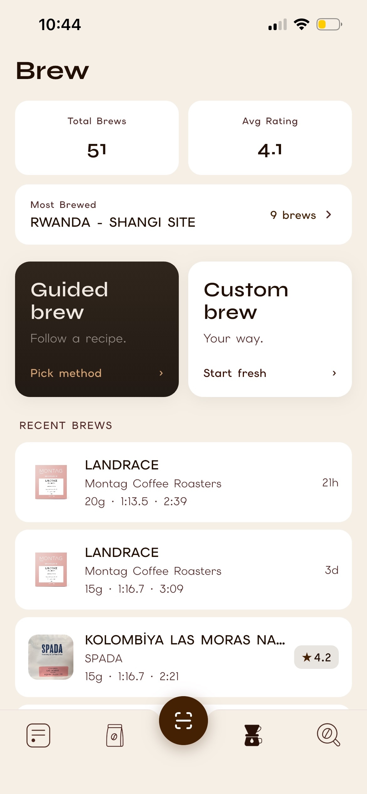 Brew journal showing logged coffees and brew details