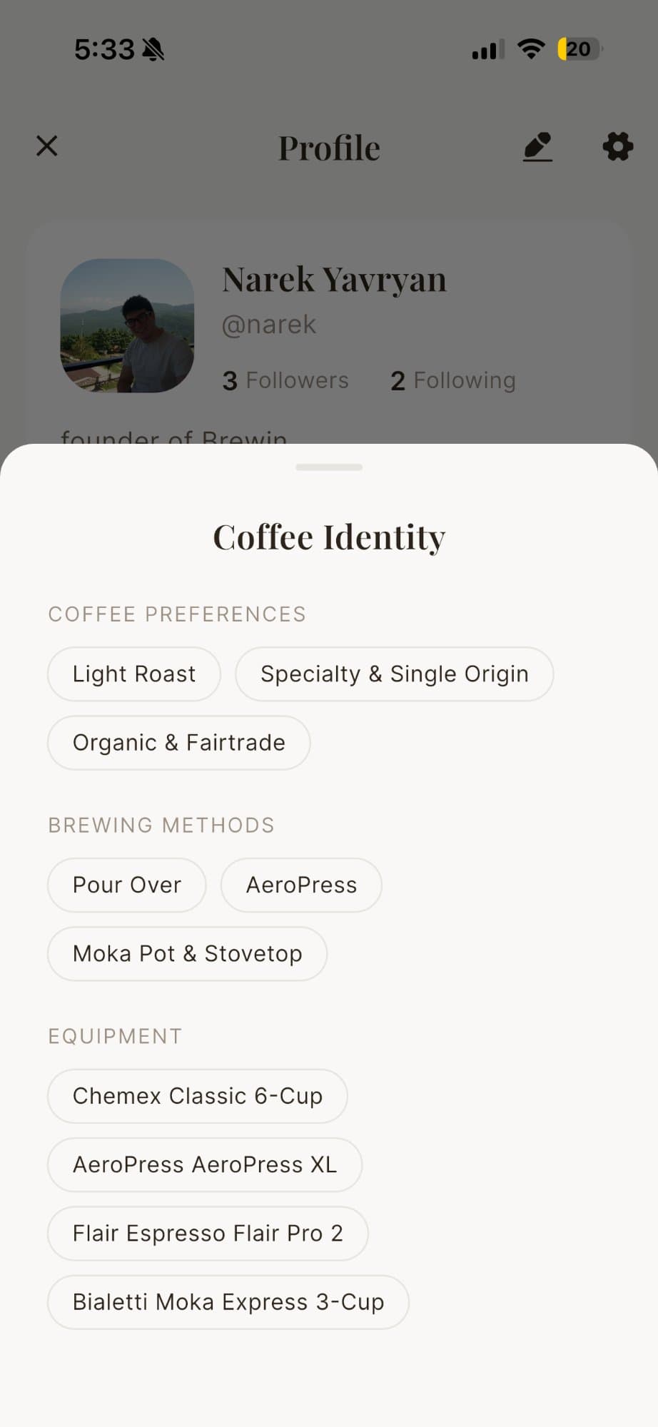 User profile showing coffee identity and community connections