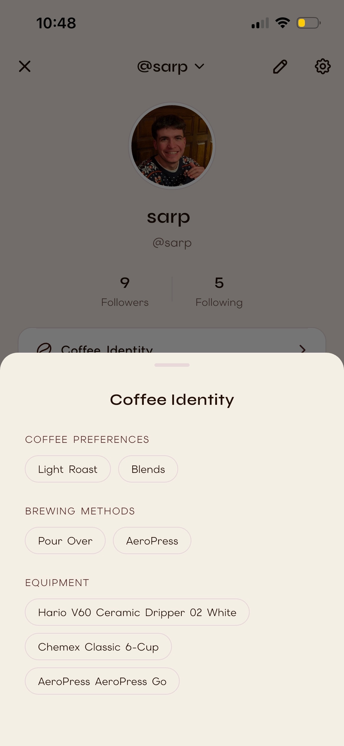 User profile showing coffee identity and community connections