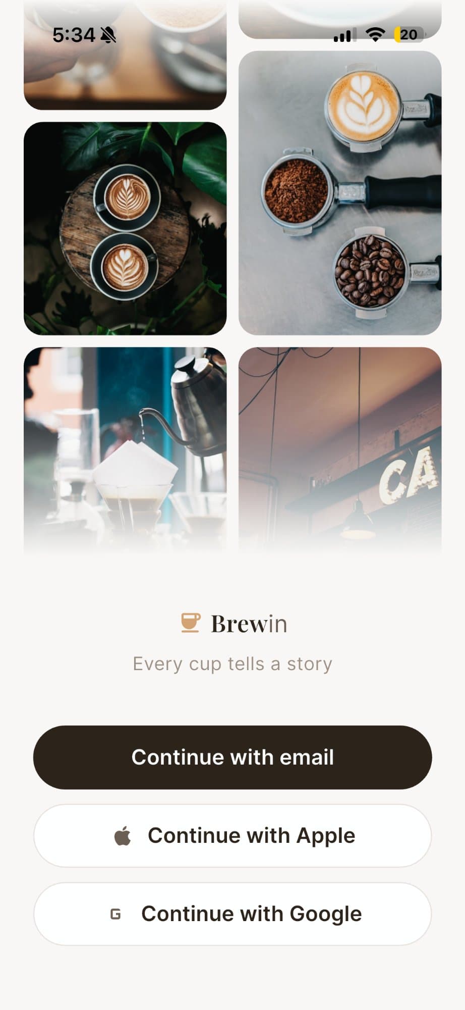 Brewin app onboarding screen showing your coffee collection