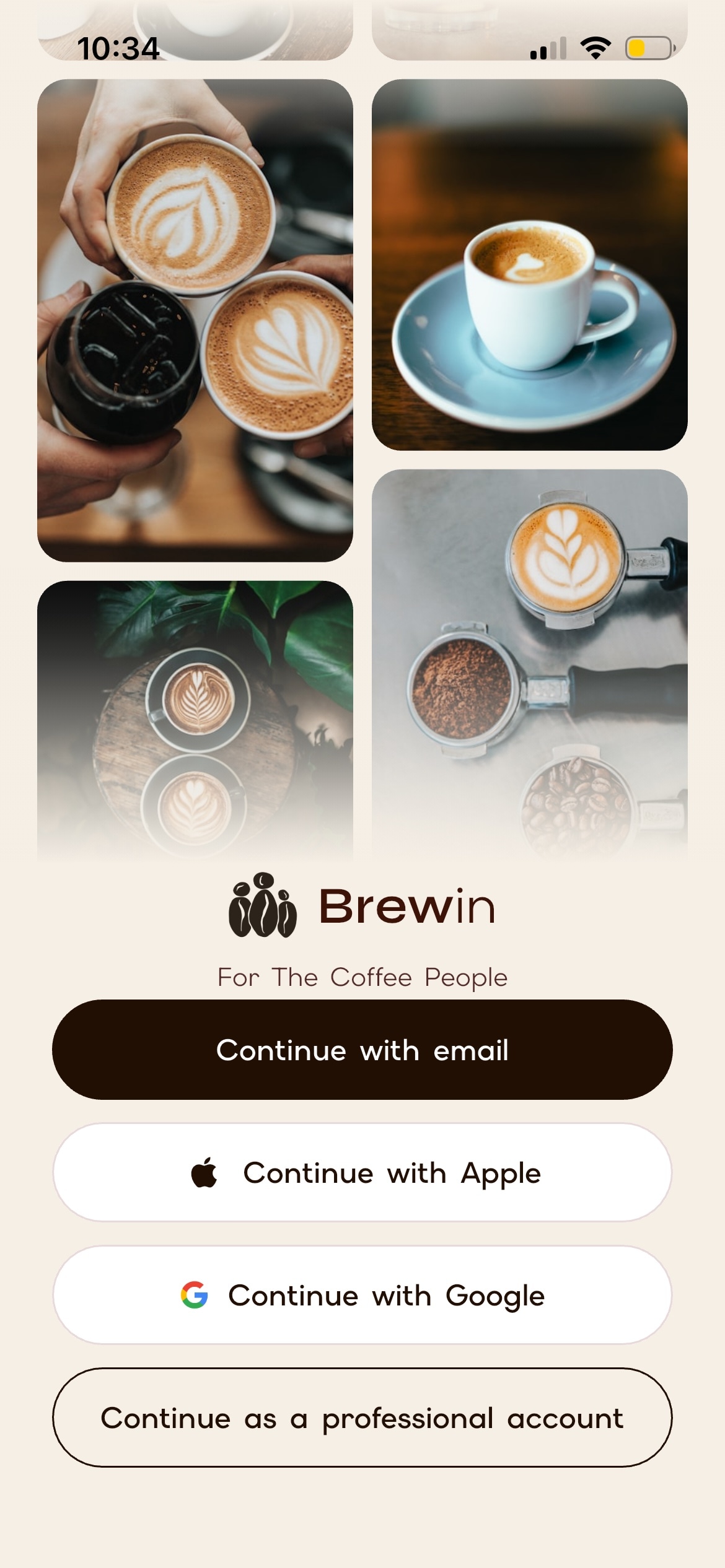 Brewin app onboarding screen showing your coffee collection