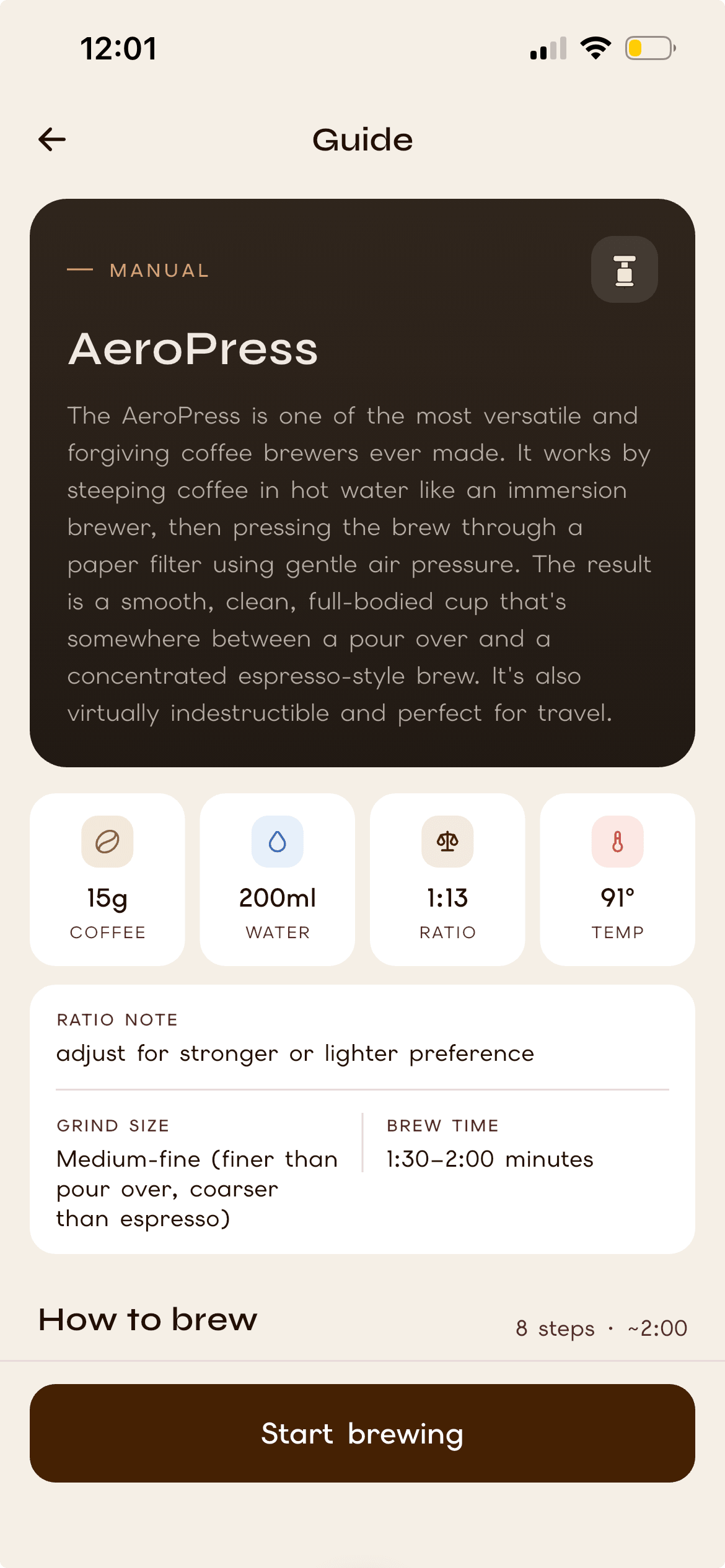 AeroPress recipe guide with ratio, grind size, and brew time