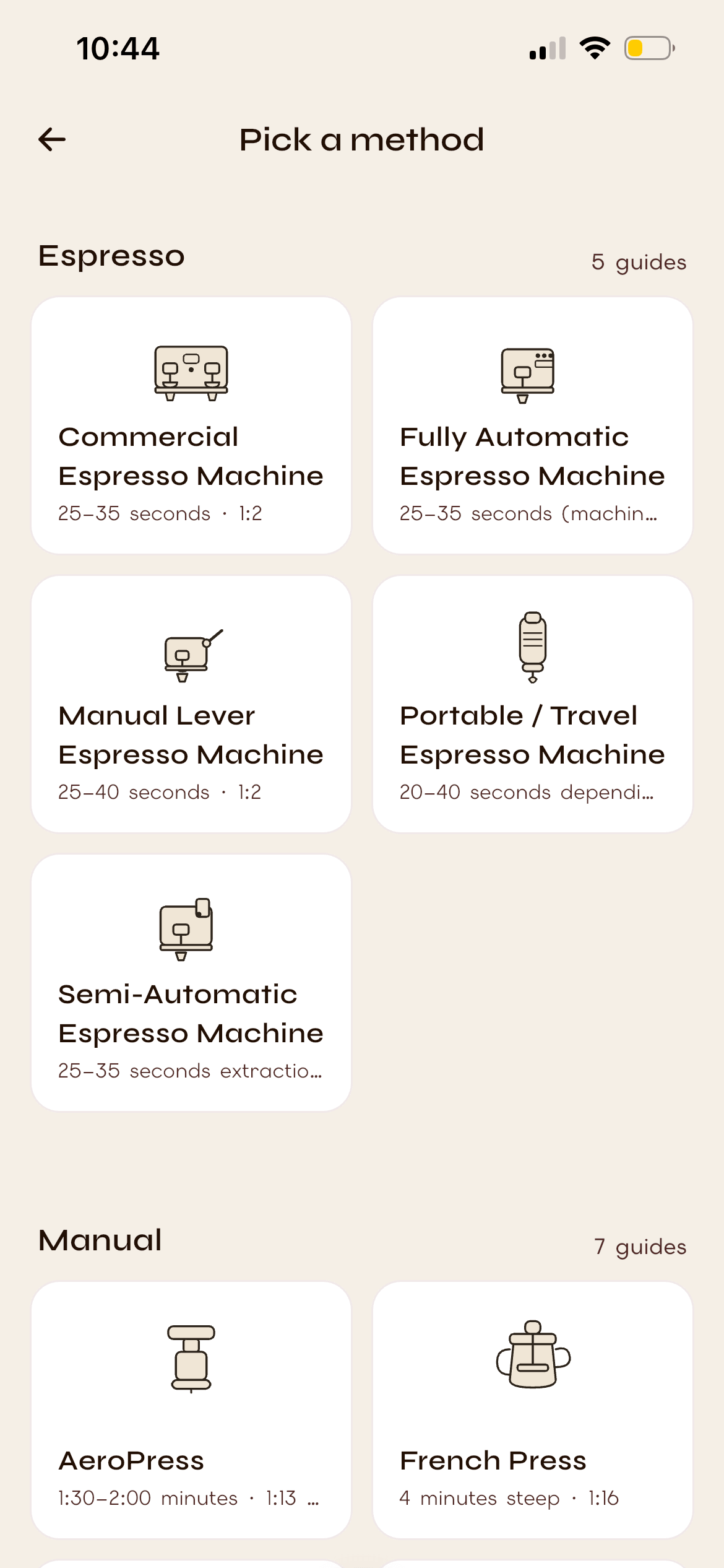 Pick a brewing method — espresso and manual guides with recipe counts