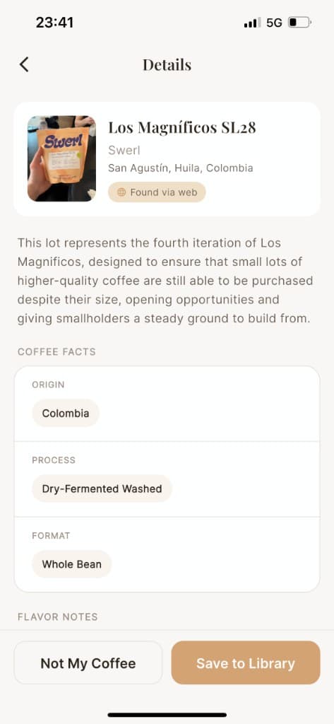 Coffee details screen showing origin, process, and flavor notes