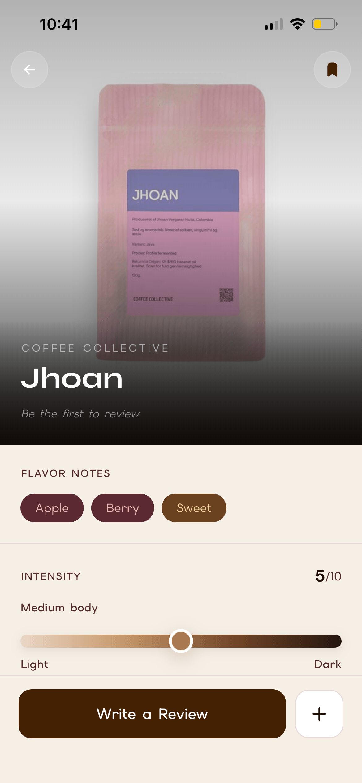 Coffee details screen showing flavor notes and intensity