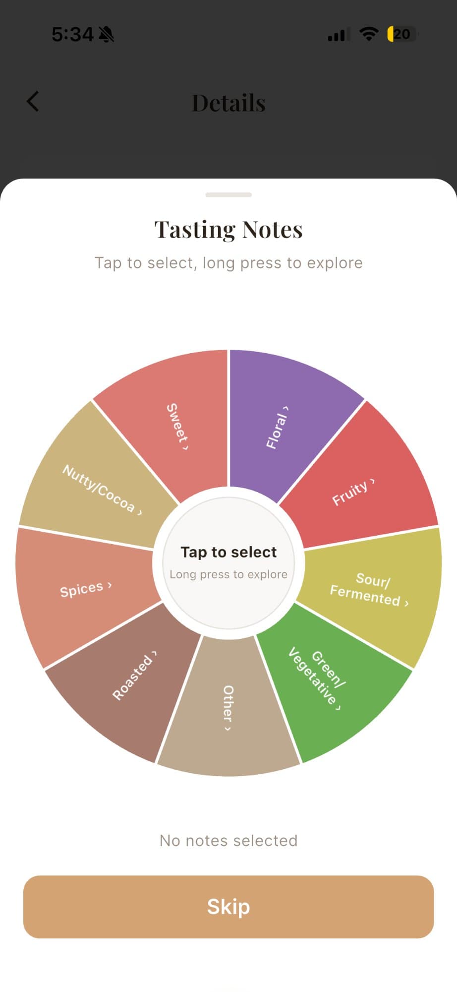 Flavor profile selection wheel with coffee tasting categories