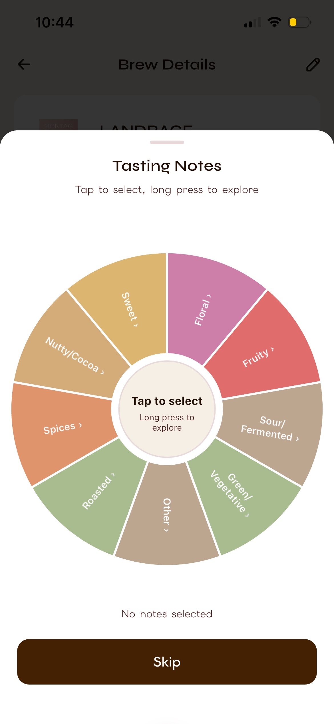 Flavor profile selection wheel with coffee tasting categories